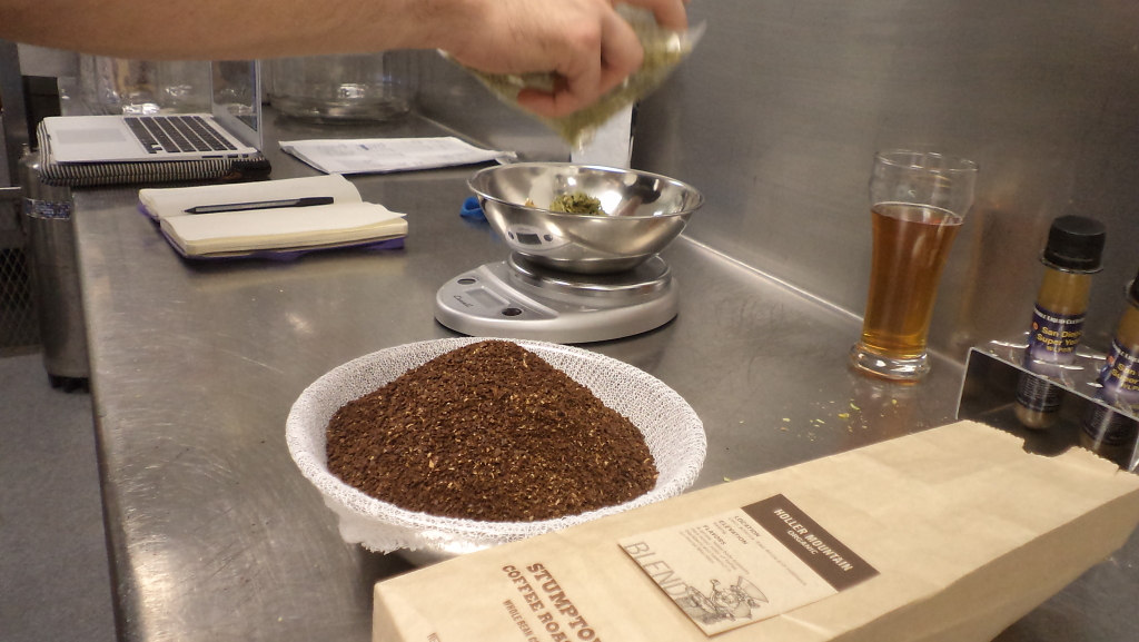 Weighing out hops and preparing the coffee for Tanuki.